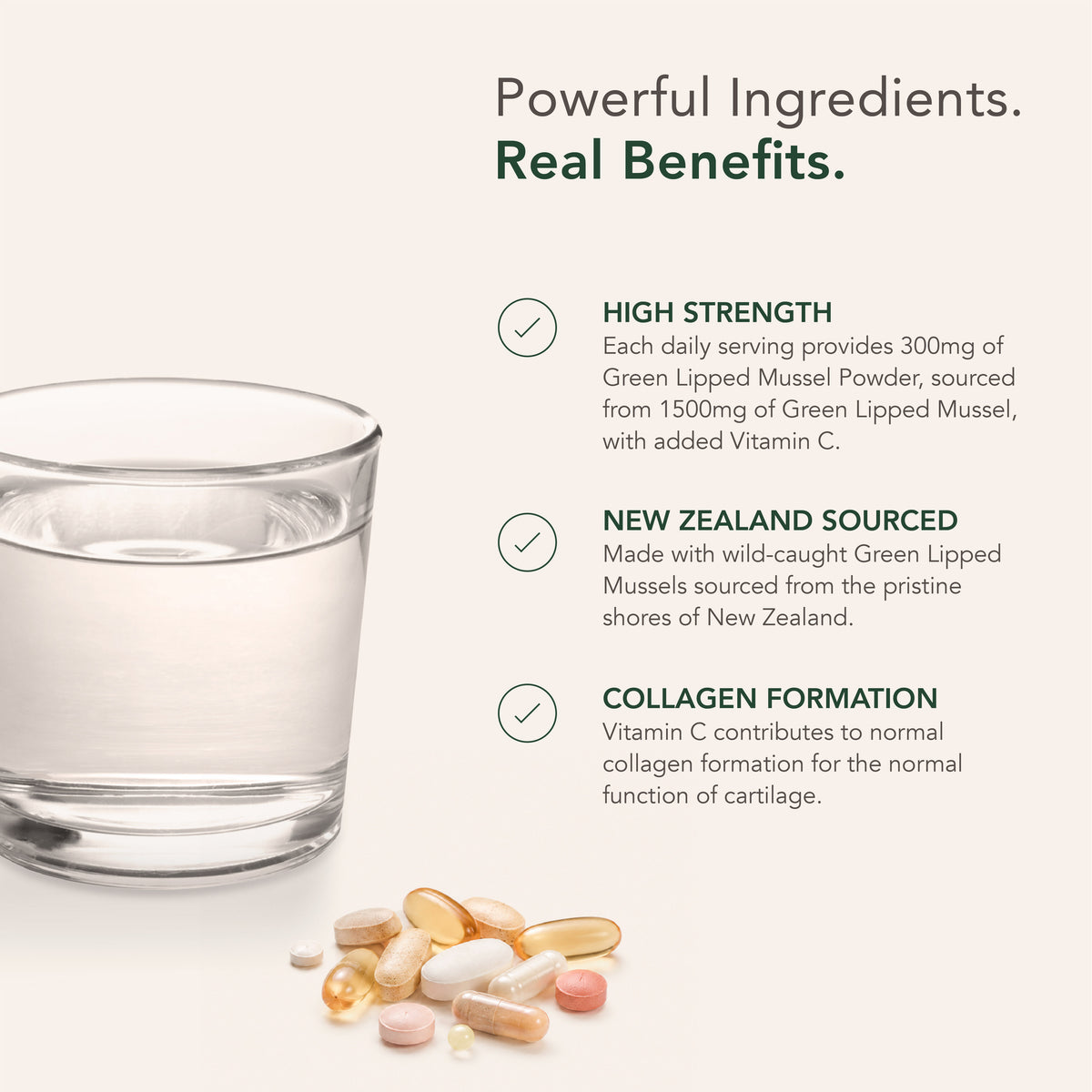 Product highlights graphic stating 300mg GLM Powder (from 1500mg), wild-caught GLM from NZ, and Vit C for collagen and cartilage.