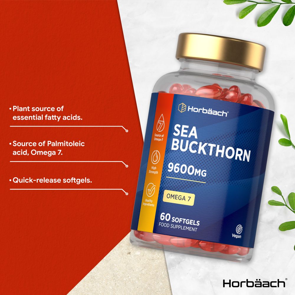 A hand holding a white bulk package labeled Sea Buckthorn 9600mg containing 60 softgels.