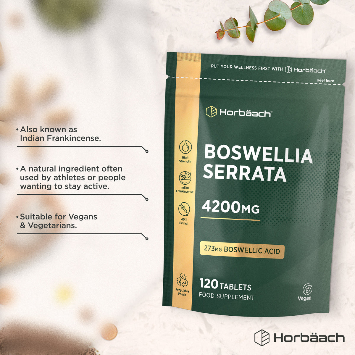 Boswellia Serrata 4200mg, 273mg Boswellic Acid, 120 Tablets, a Food Supplement in a Recyclable Vegan pouch.