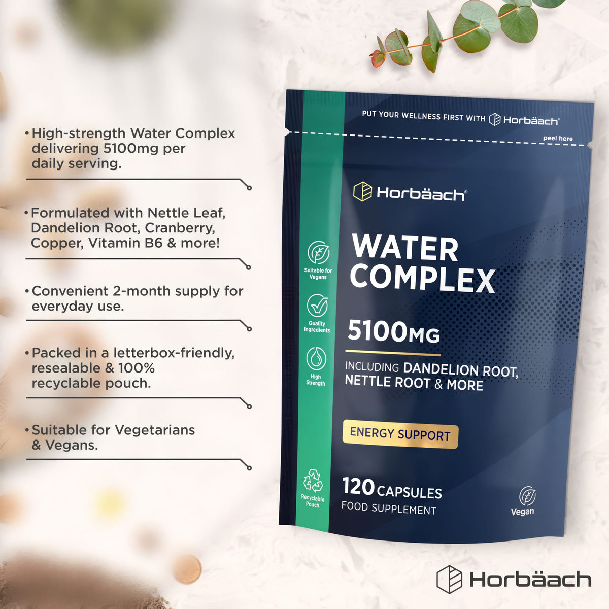 Product highlights graphic stating Water Complex 5100mg, Nettle, Dandelion, Cranberry, Copper, Vitamin B6, 2-month supply, Vegan.