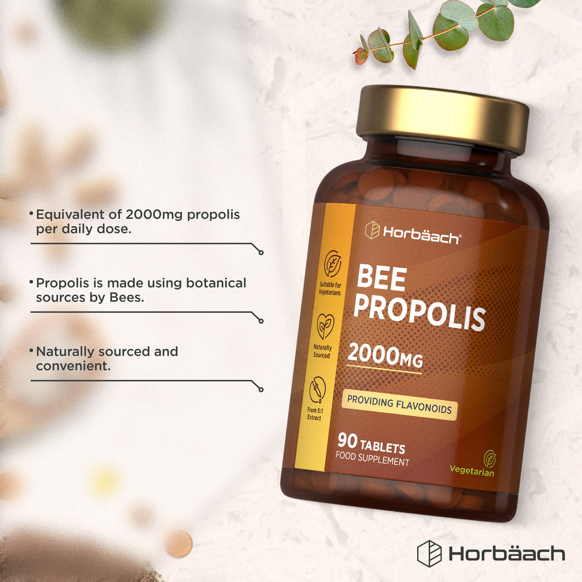 Horbäach Bee Propolis 2000mg, 90 Tablets, a vegetarian food supplement offering flavonoids.
