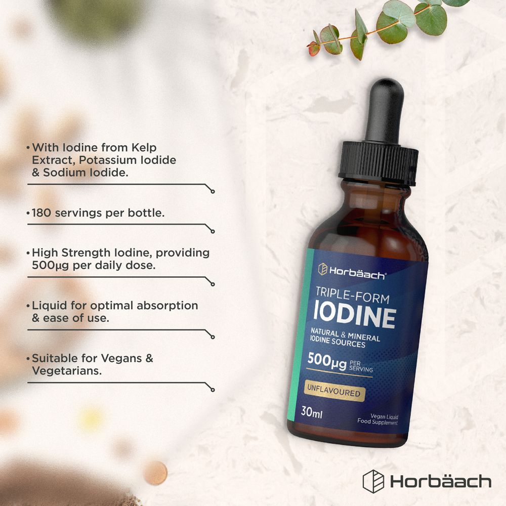 Product highlights graphic stating Iodine from Kelp, Potassium/Sodium Iodide, 180 servings, 500µg daily dose, Liquid for absorption, Vegan/Vegetarian.
