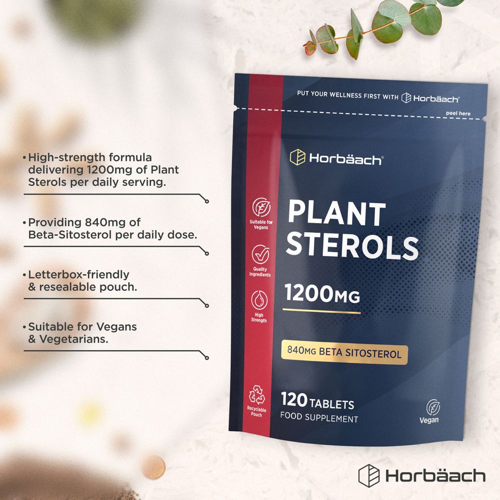 Hand holding a dark blue resealable pouch containing 120 tablets of Plant Sterols 1200mg with a red side accent.
