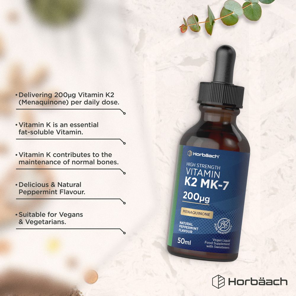 Bottle of Vitamin K2 MK-7 liquid drops, 50ml, used for supplementing diet with Vitamin K2 in a convenient liquid form.