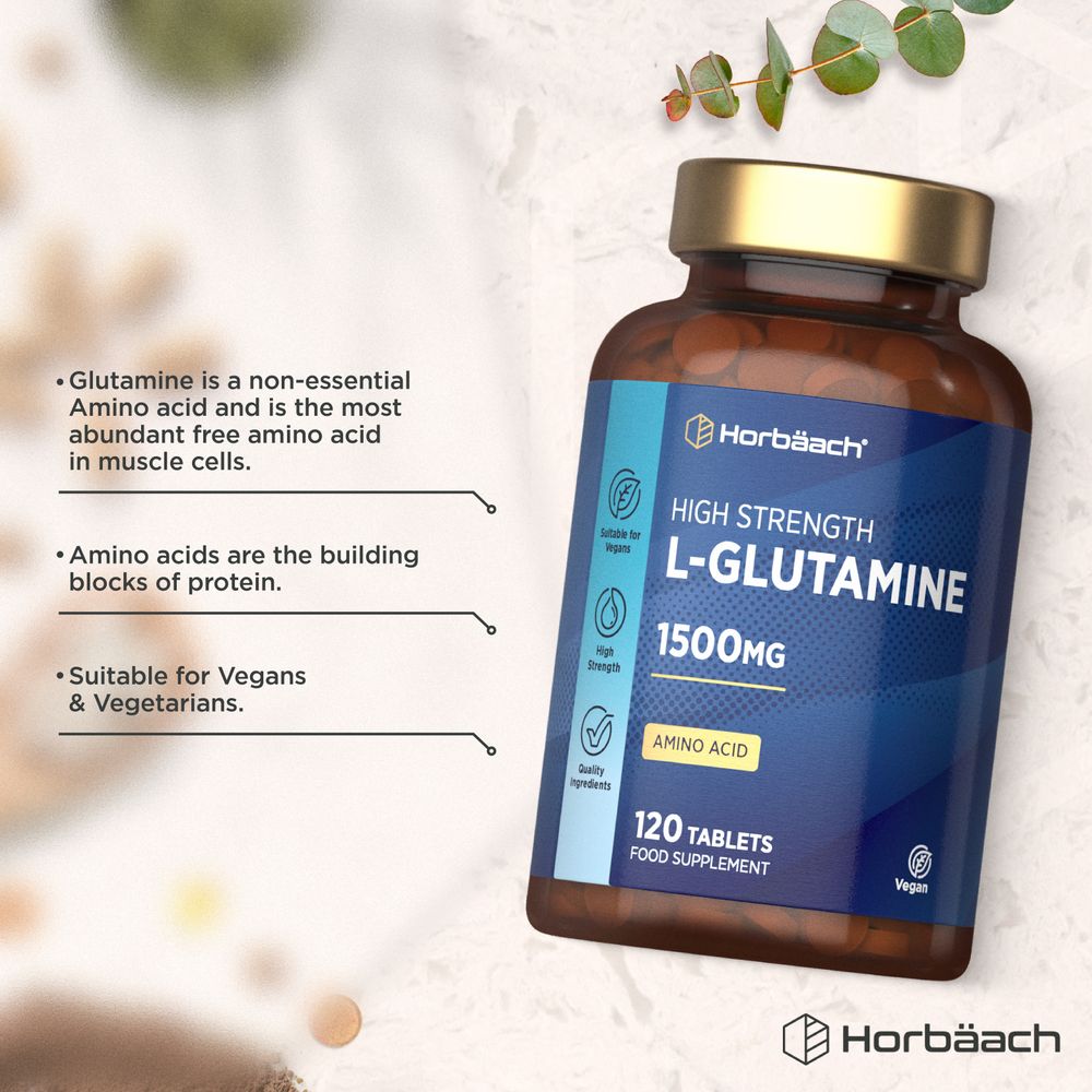 Horbäach L-Glutamine 1500mg bottle with 120 vegan tablets shown on a hand scale.