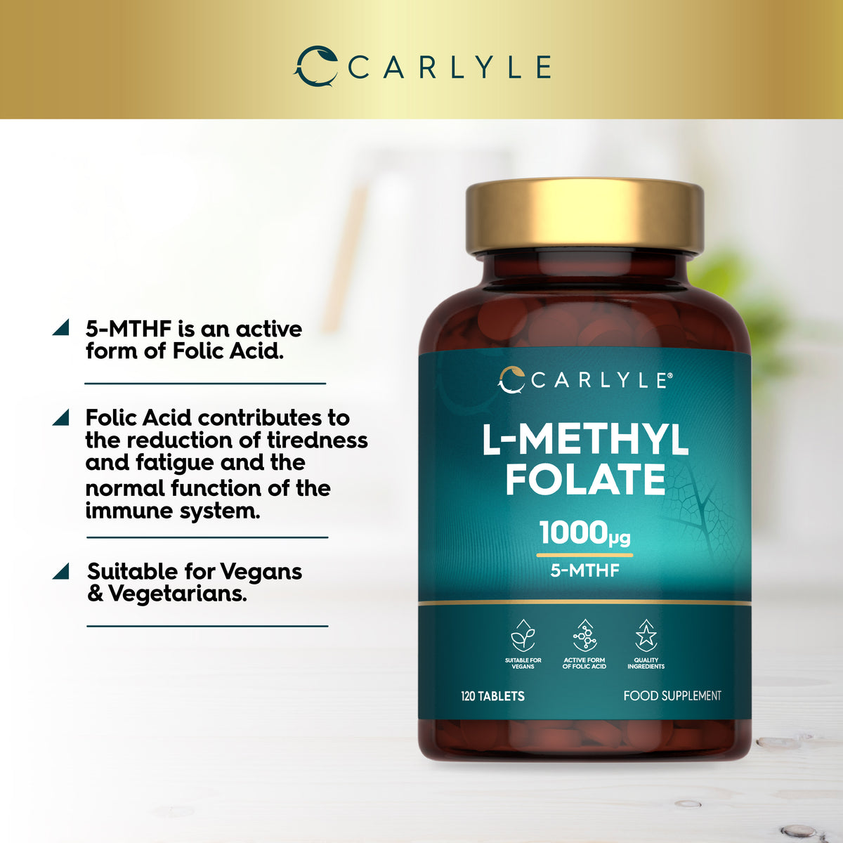 Carlyle L-Methyl Folate 1000µg 5-MTHF, 120 tablets displayed in product packaging.
