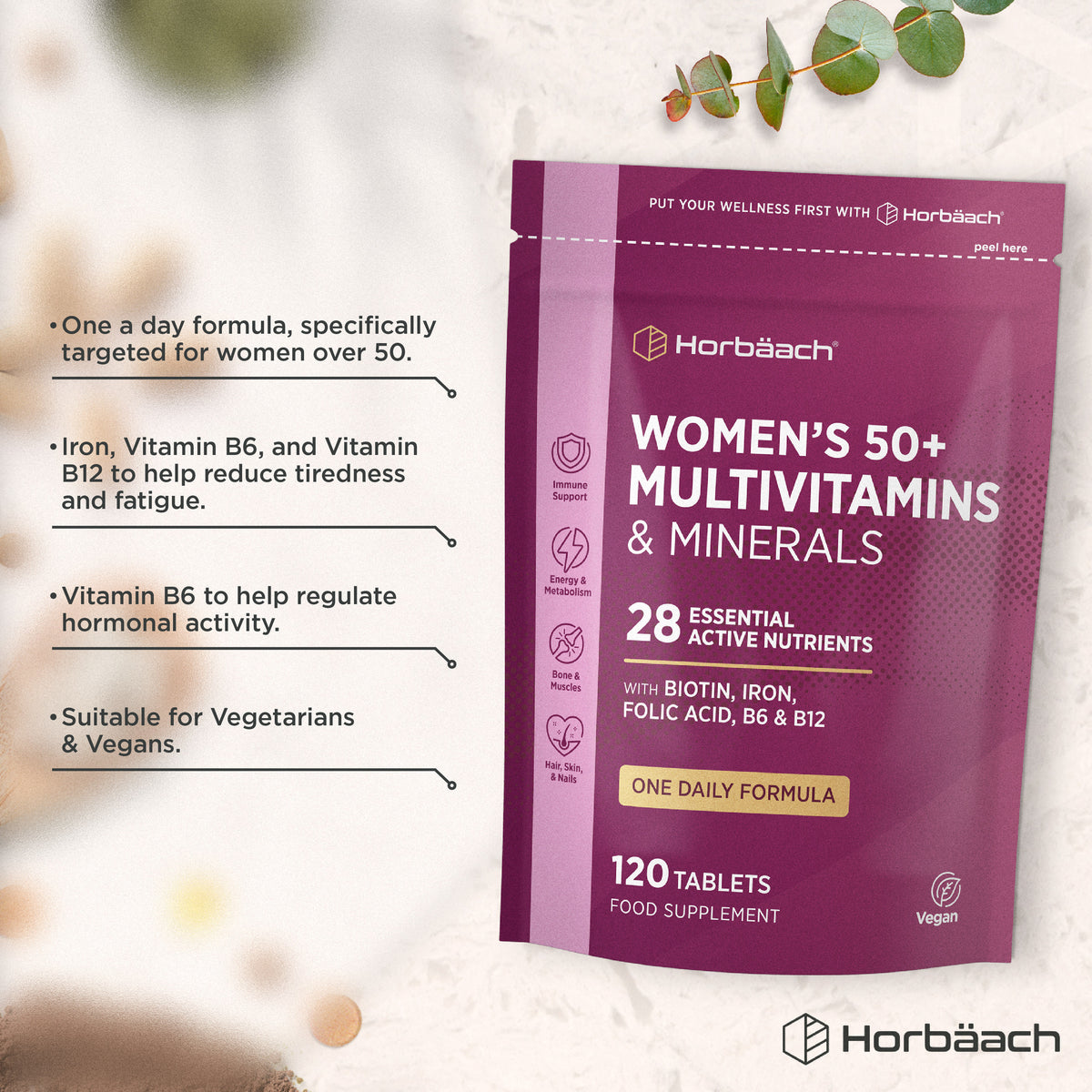 Women's 50+ multivitamins and minerals, 120 tablets food supplement.