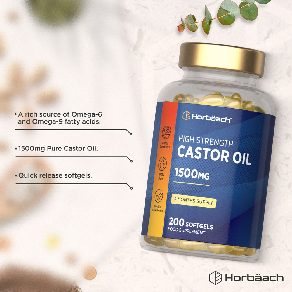 Hand holding a clear bottle of 1500 mg Castor Oil, containing 200 softgels.