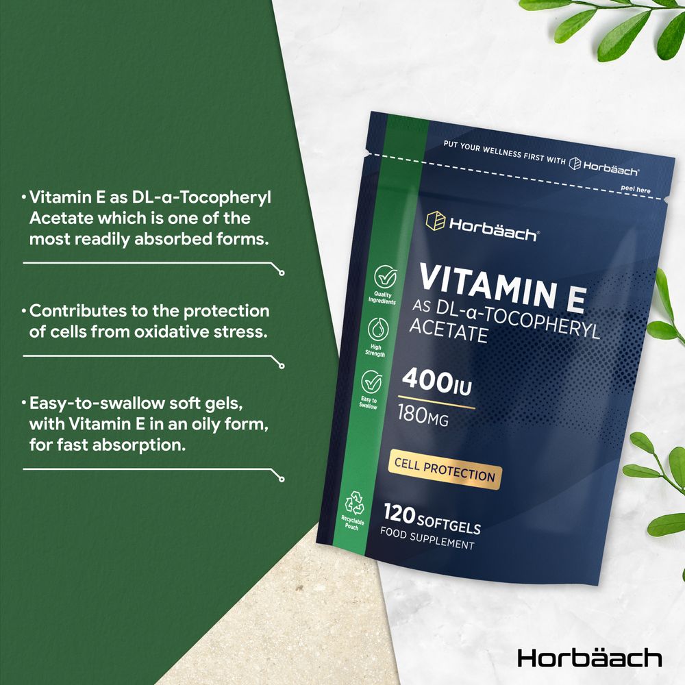 120 count bottle of Vitamin E 400IU 180MG softgels placed on a hand scale for measuring bulk weight.
