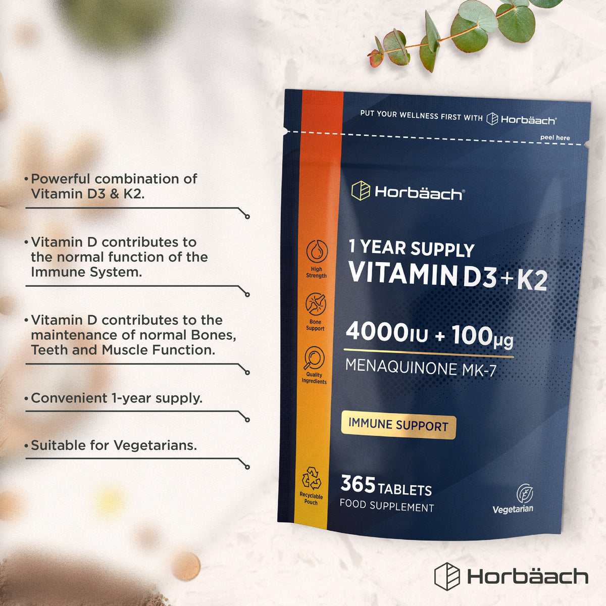 Horbäach Vitamin D3 plus K2 supplement contains 4000IU of D3 and 100µg MK-7 Menaquinone, 365 vegetarian tablets.