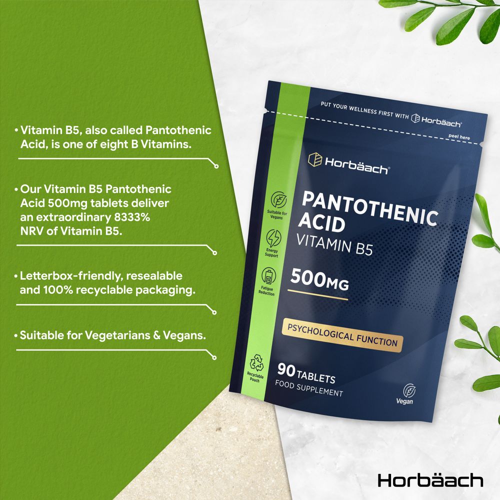 Horbäach Pantothenic Acid Vitamin B5 500mg, 90 tablets, food supplement. Resealable pouch with Vegan, Energy, Fatigue Reduction icons.