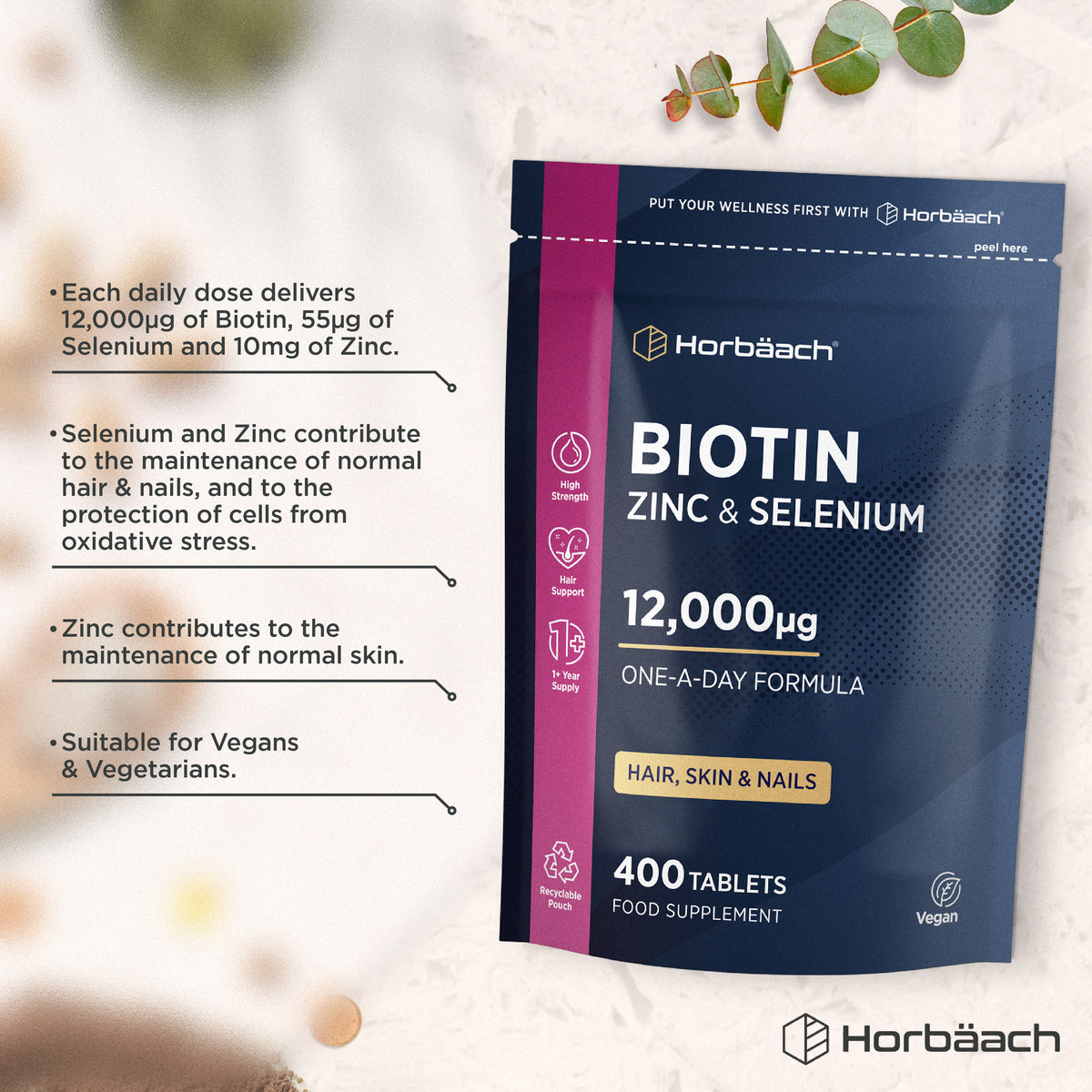 Horbäach Biotin Zinc & Selenium 12,000μg, 400 Tablets, vegan supplement for hair, skin, and nails.