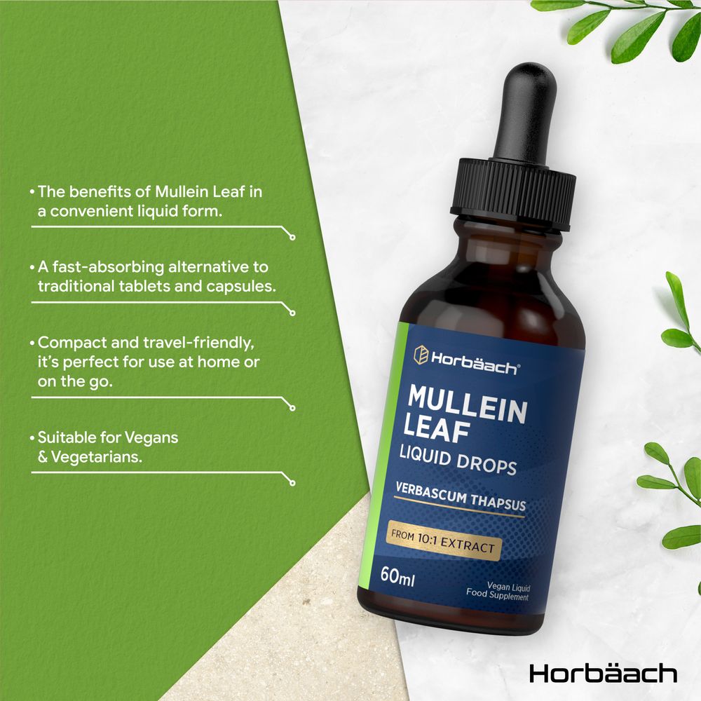 A 60ml bottle of Mullein Leaf Liquid Drops is shown on a hand scale.