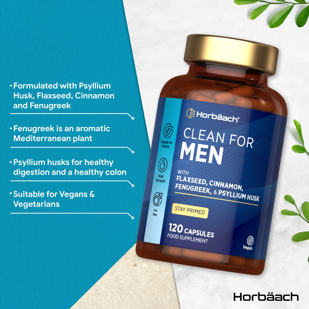 120 capsules of Horbäach Clean for Men food supplement are displayed in a bulk scale format.