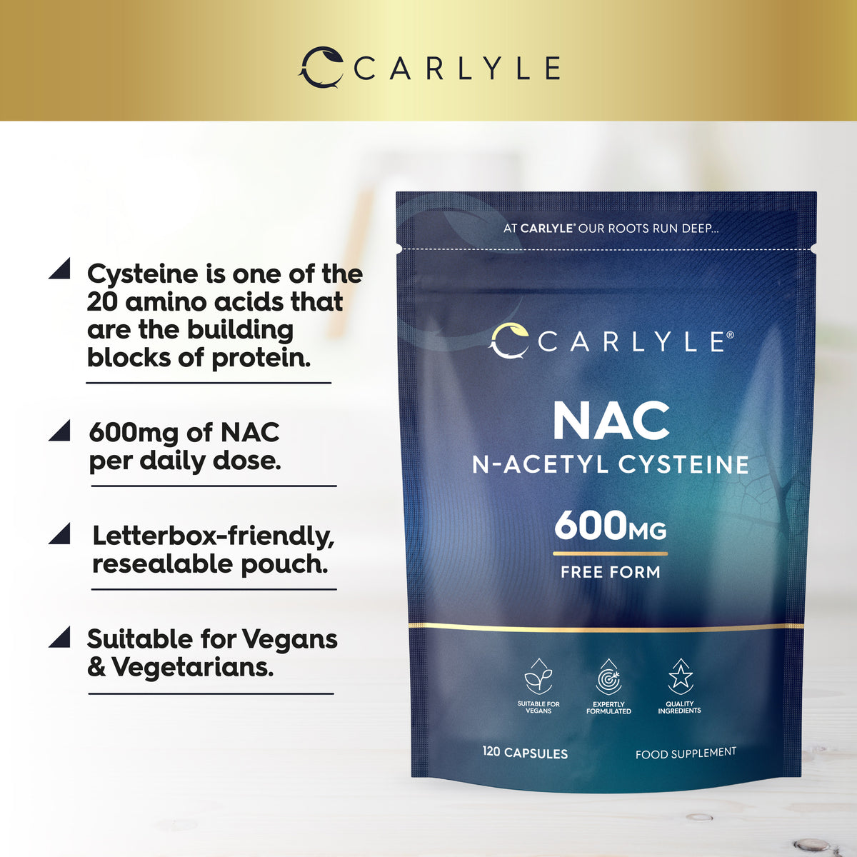 N-Acetyl Cysteine 600mg 120 vegan capsules, a free-form supplement for nutritional support.