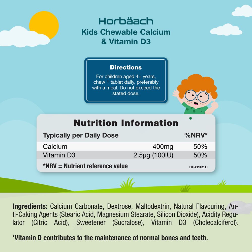 Chewable tablet offers 400mg Calcium and 2.5µg (100IU) Vitamin D3, shown on a hand scale.