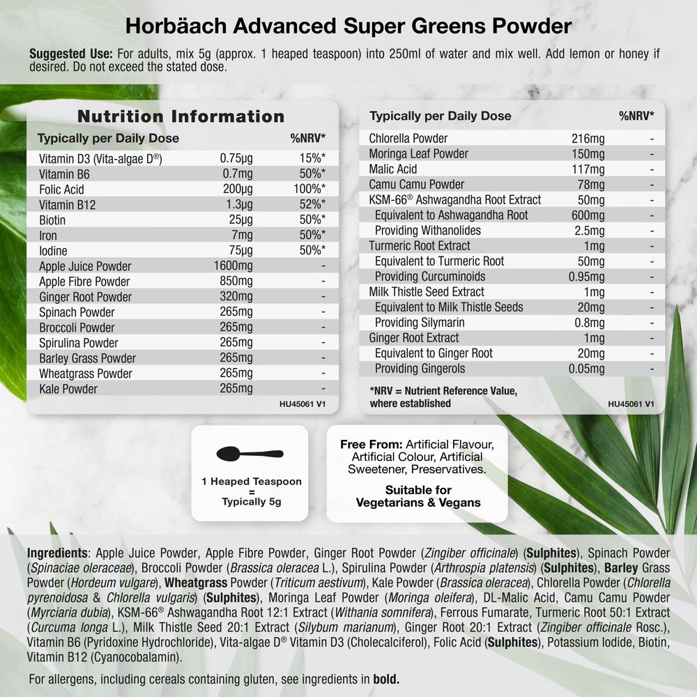 A heaped teaspoon of green powder, approximately 5g.