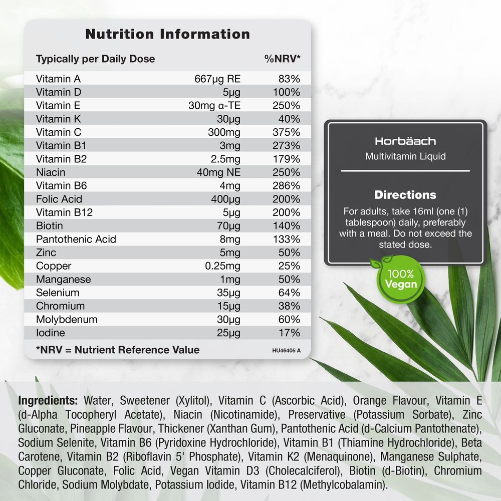 A hand holding a nutrition label for HU Multivitamin Vegan Liquid 480ml.