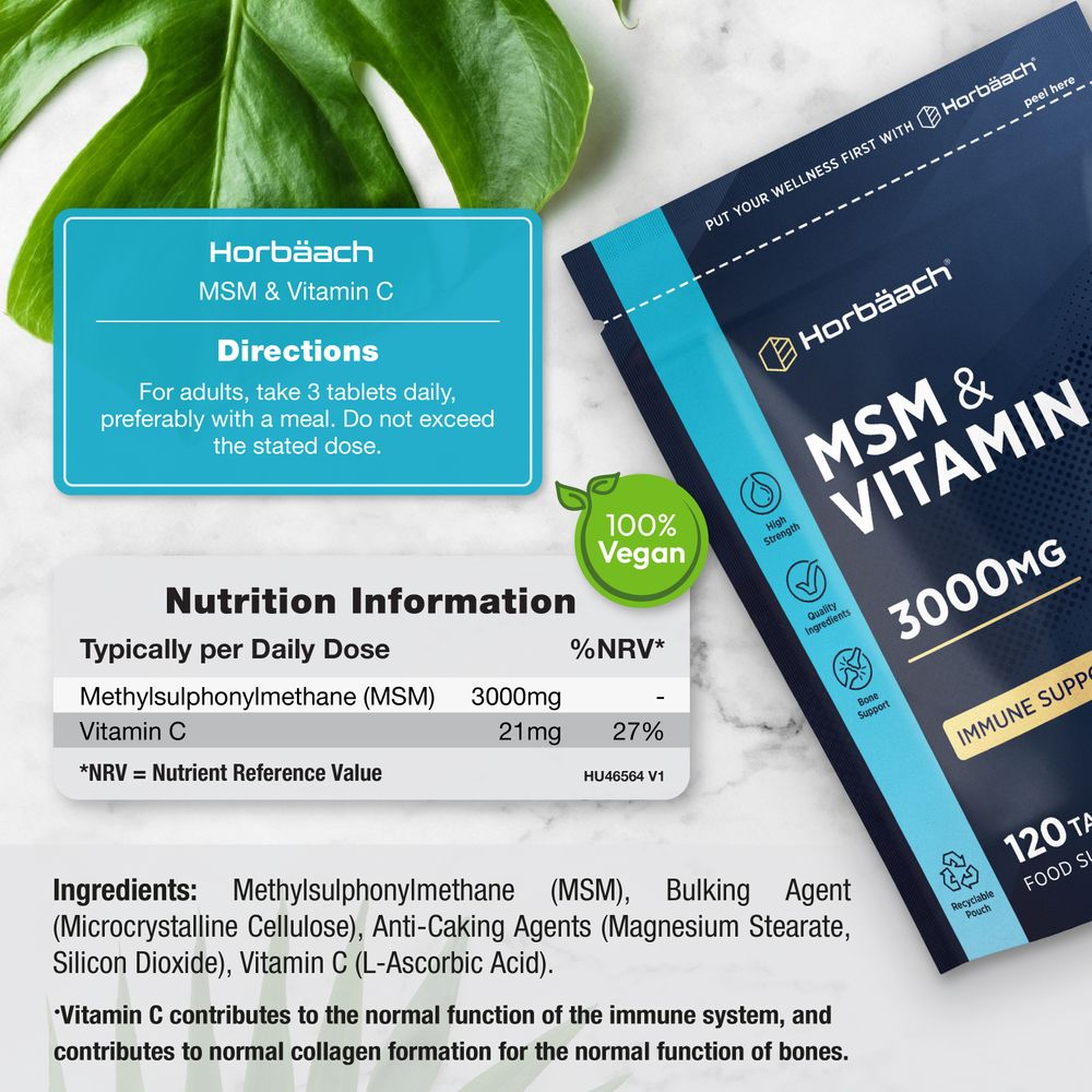Hand weighing MSM 3000mg and Vitamin C 21mg vegan tablets, bulk scale view offering detailed look at supplement.