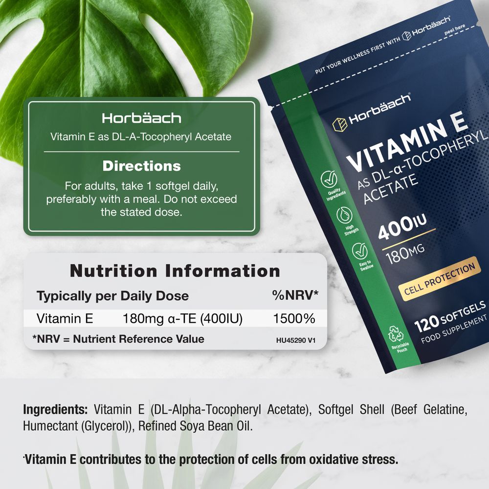 Vitamin E 400IU as DL-alpha-Tocopheryl Acetate in a bottle containing 120 softgels shown on a hand scale.