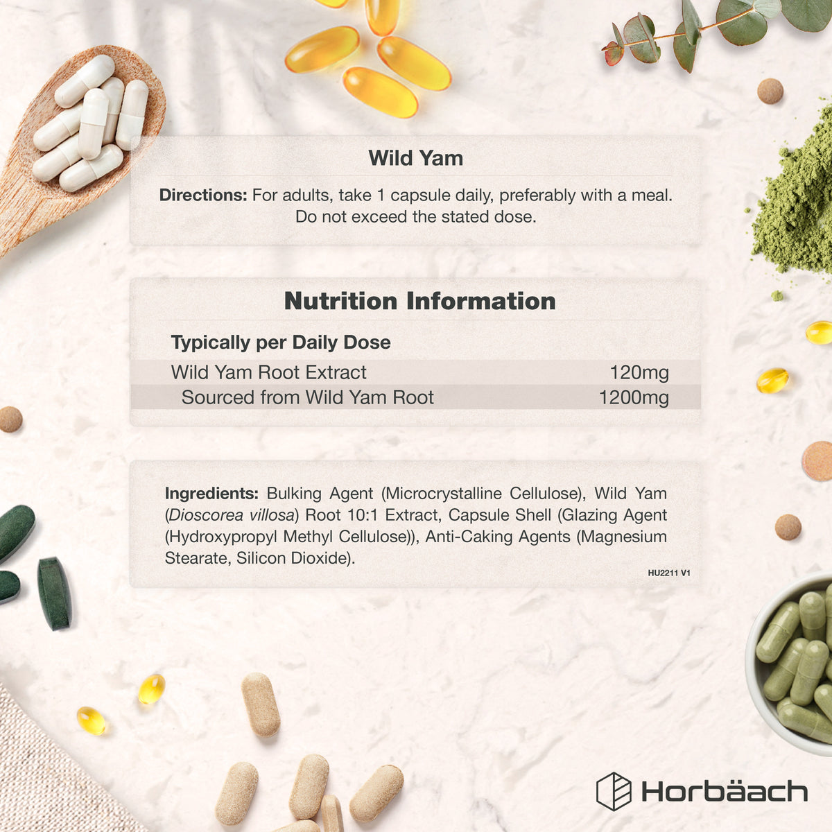 Supplement Facts for Wild Yam 1200mg, containing 120 capsules.