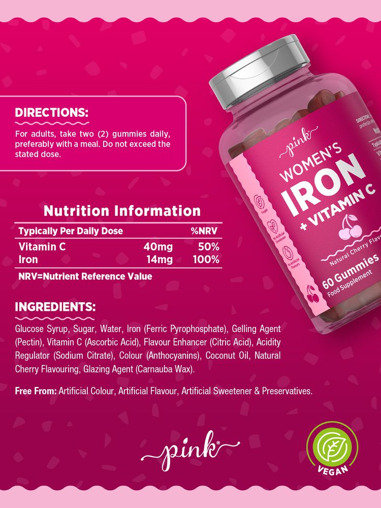 A bottle of pink Women's Iron plus Vitamin C containing 60 gummies displayed on a hand scale to indicate weight or size.