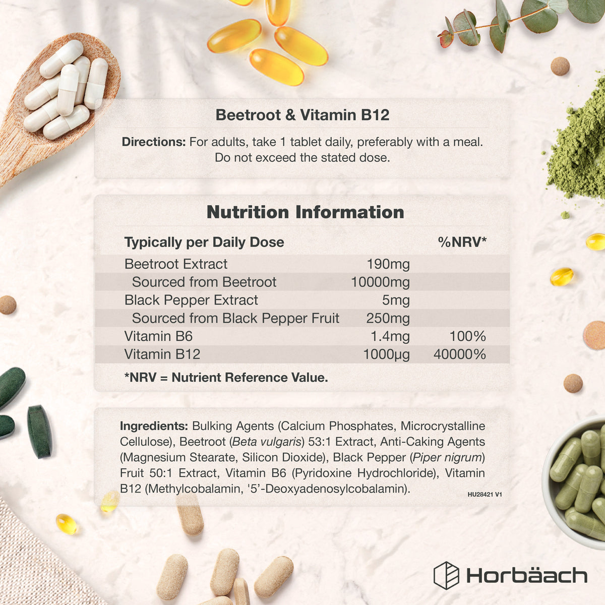 Supplement Facts panel showing details for HU Vitamin B12 & Beetroot Complex, 120 Vegan Tablets.