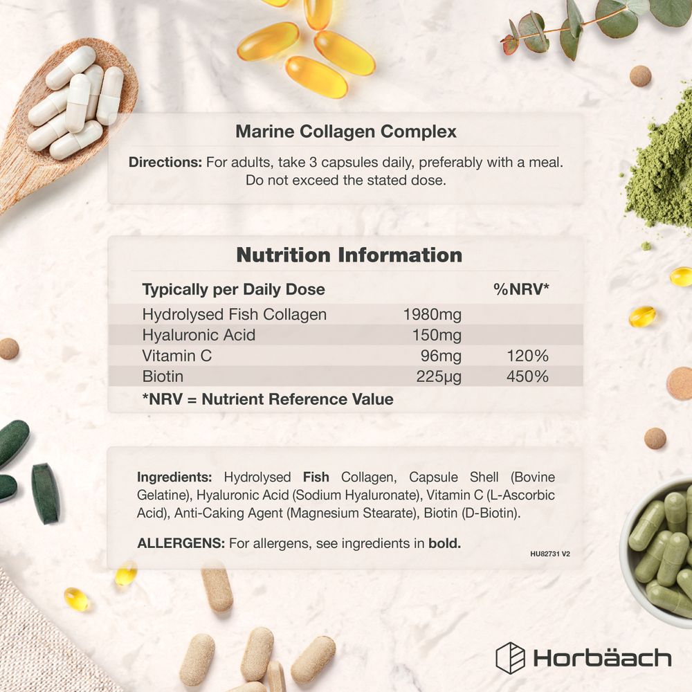 White capsules on spoon and green capsules, containing 1980mg Hydrolysed Fish Collagen, 150mg Hyaluronic Acid per 3-capsule daily dose.