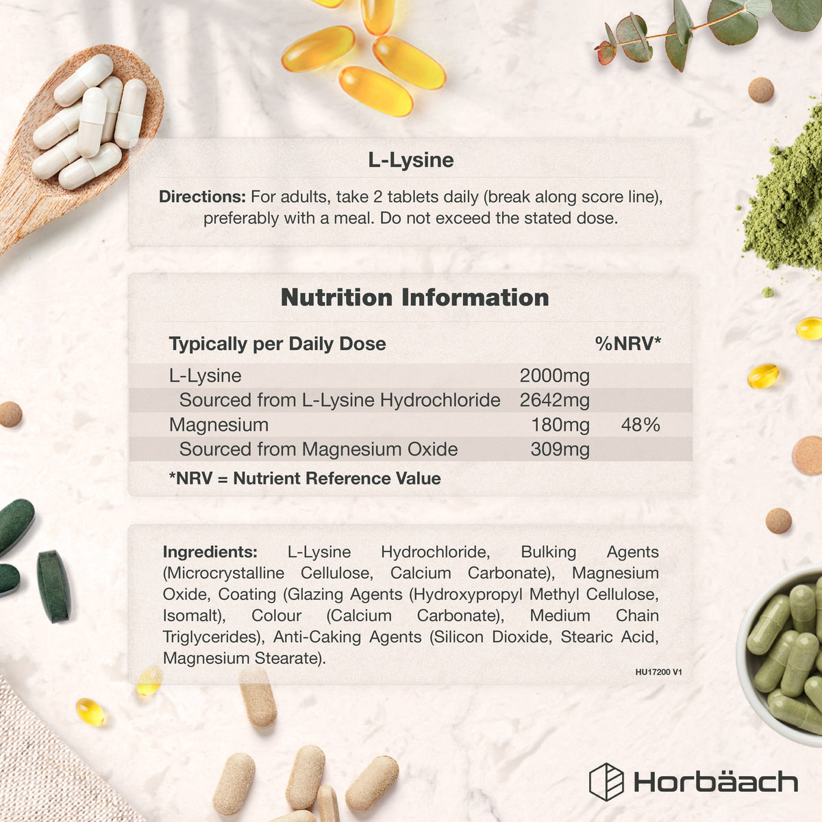 L-Lysine 2000mg tablets. Graphic shows directions for taking 2 tablets daily and lists nutrition information with ingredients.