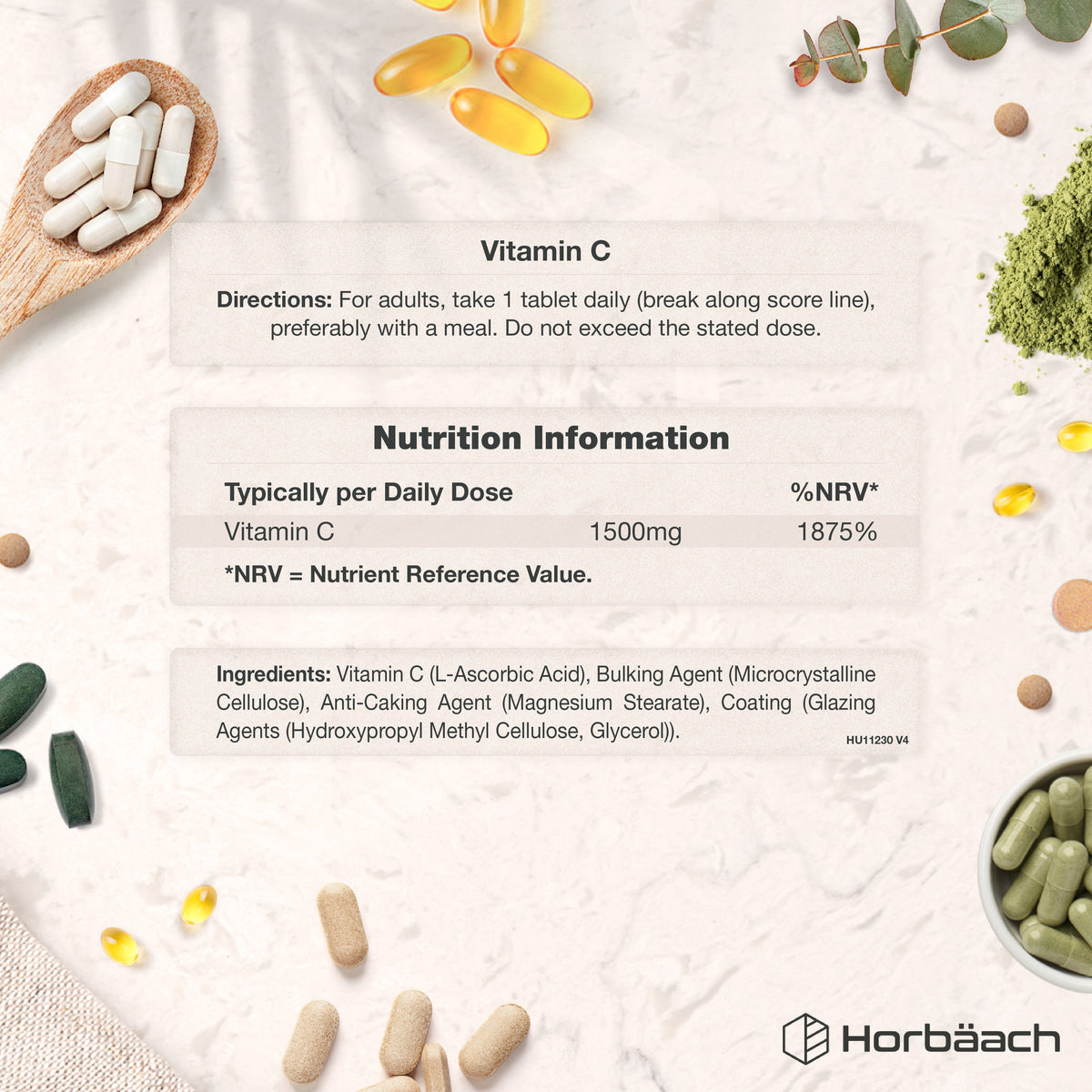 Vitamin C 1500mg product panel with directions, nutrition facts, and ingredients for tablets.