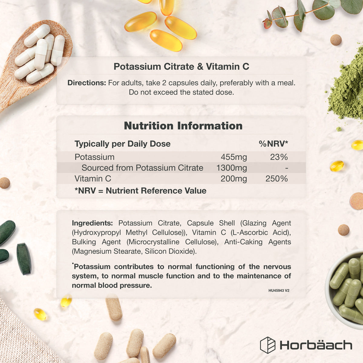 Graphic of Potassium Citrate & Vitamin C capsules showing directions, 455mg Potassium, 200mg Vitamin C, ingredients listed.