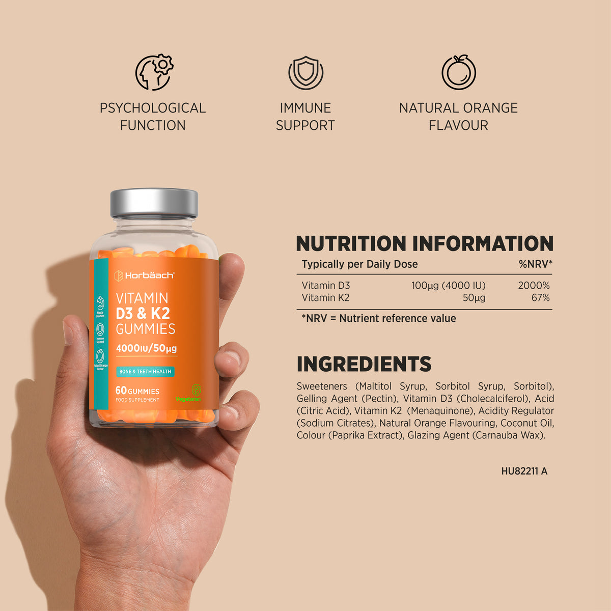 Horbäach Vitamin D3 & K2 Gummies, 4000IU/50µg, 60 count, Vegetarian food supplement.
