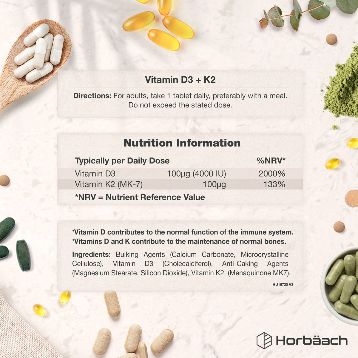 HU Vitamin D3 4000IU & K2 100UG 365 Vegetarian Tablets shown with product details and scattered pills.