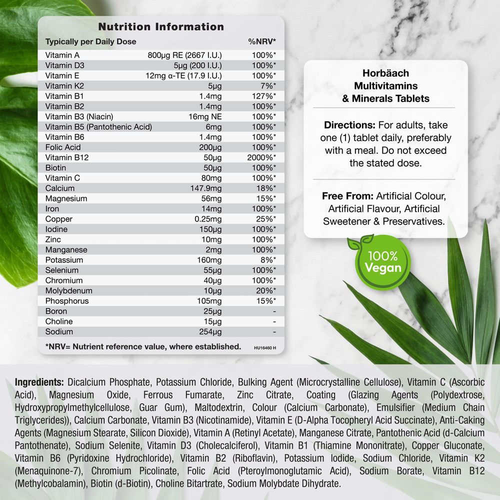 Information panel for Multivitamin & Mineral Vegan Tablets: Nutrition Info, Ingredients list, Directions for 1 tablet, and '100% Vegan'.
