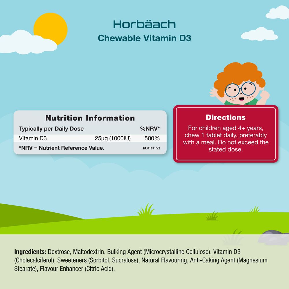 A hand holds a 25µg (1000IU) chewable Vitamin D3 tablet for children, emphasizing dosage and child-friendly format.