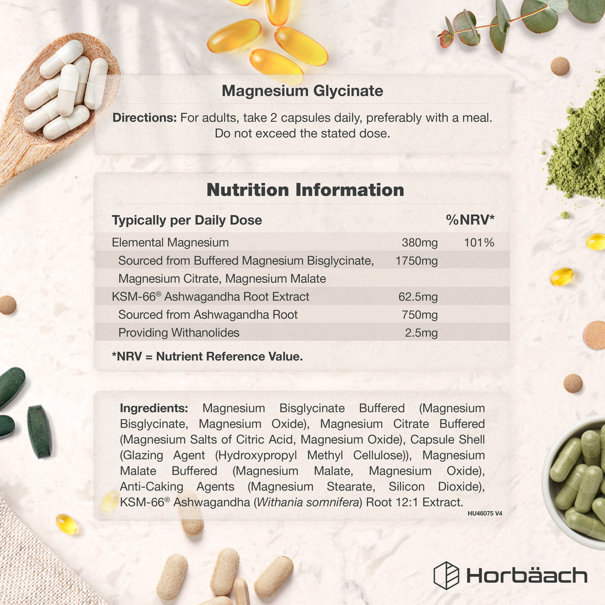 HU Magnesium 4-in-1 Complex 2500 mg 120 Capsules label, titled 'Magnesium Glycinate', showing nutrition and ingredient details.