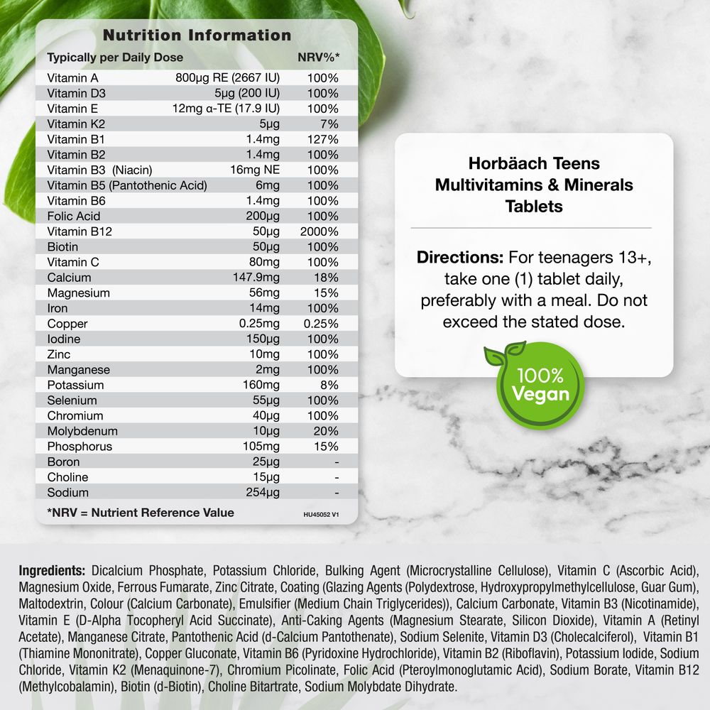 Nutrition Information panel for Horbäach Teens Multivitamins & Minerals Tablets, including ingredients and directions.