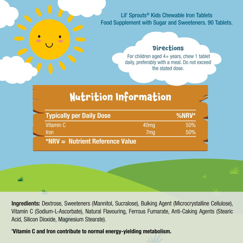 Lil' Sprouts Kids Chewable Iron Tablets, 90 count, include 40mg Vitamin C and 7mg Iron per daily dose.