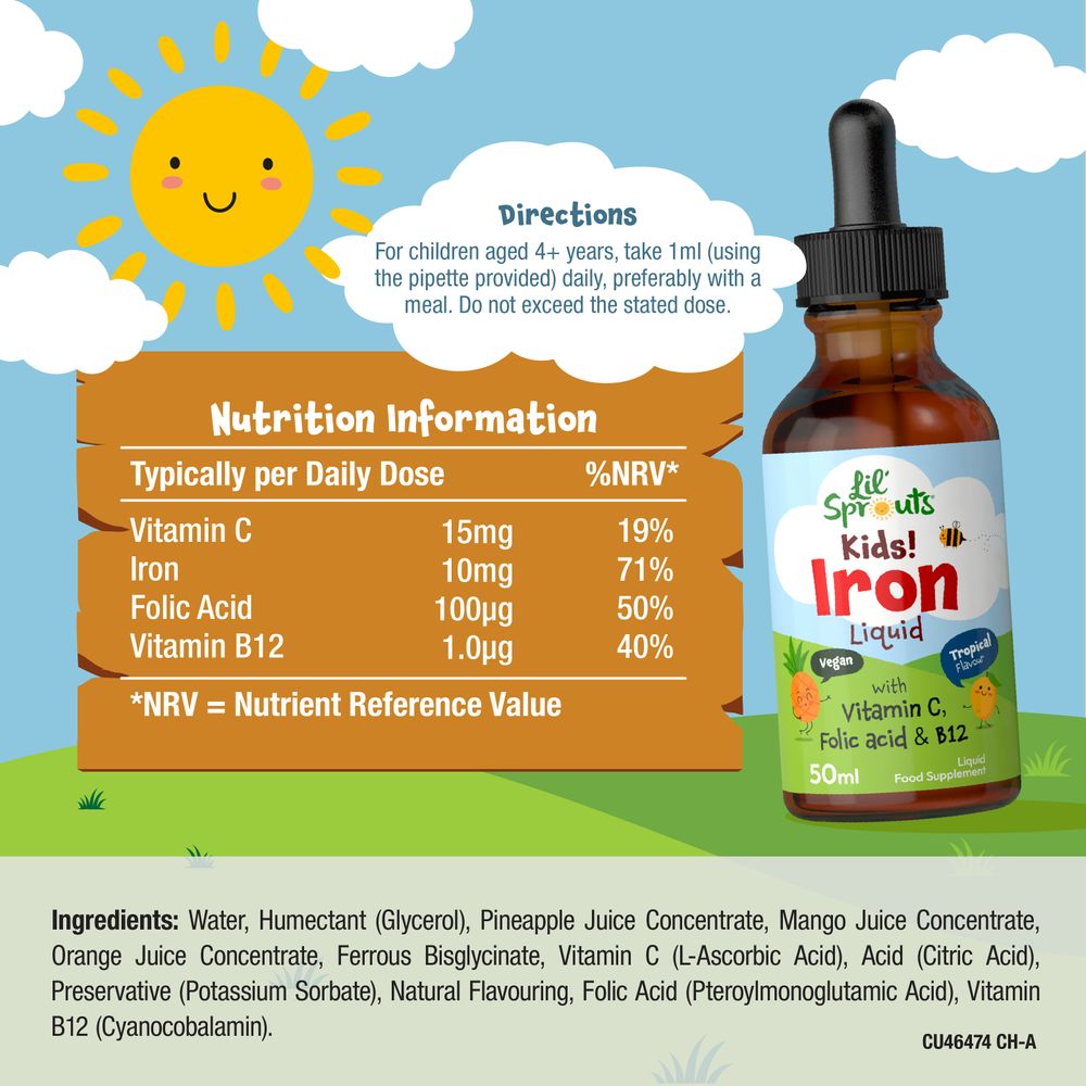 Lil' Sprouts Kids! Iron Liquid 50ml bottle features a vegan, tropical flavor with Vitamin C, Folic Acid, and B12.