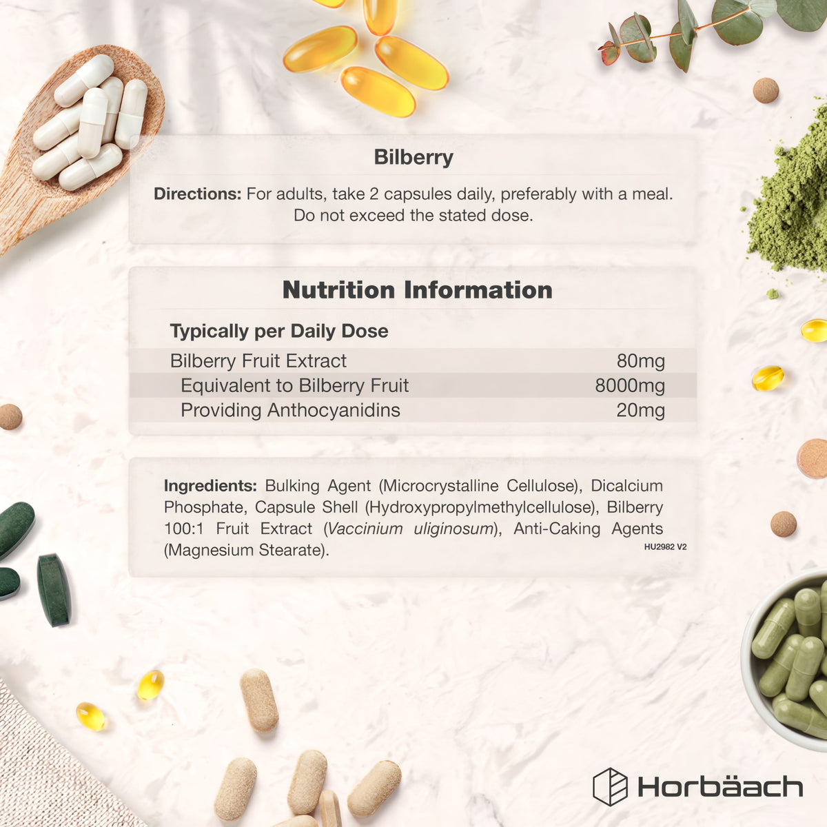 Bilberry Extract 8000mg 120 Vegan Capsules graphic showing usage directions, nutrition facts, and ingredients.
