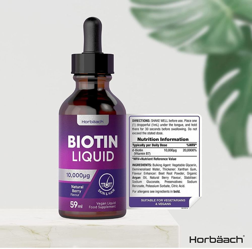 A bottle of liquid biotin 10,000µg with dropper, 59 ml size, suitable for supplement use.