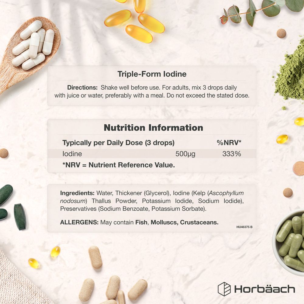 Triple-Form Iodine components: white capsules, yellow softgels, green powder, green capsules, and light brown tablets.