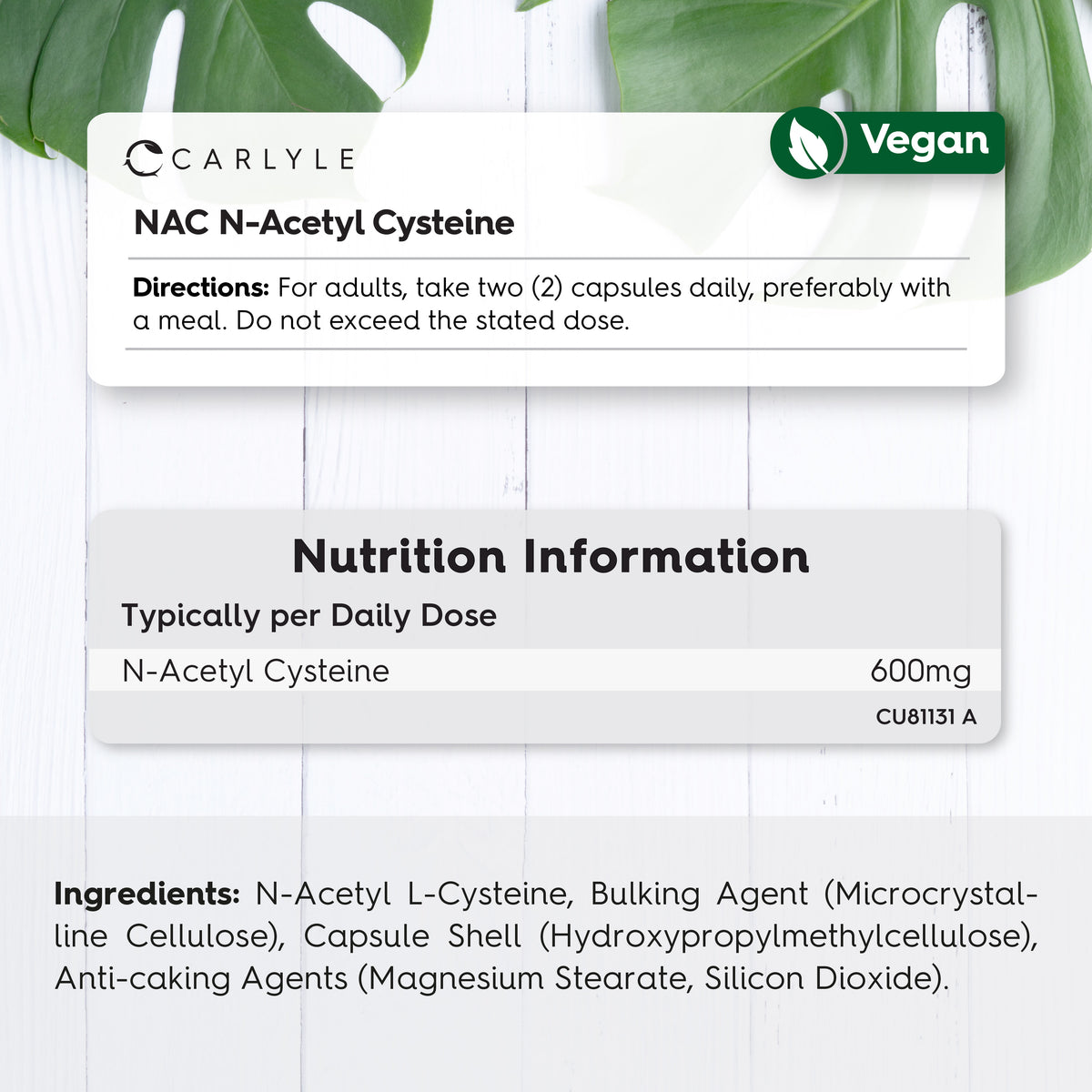 NAC N-Acetyl Cysteine 600mg vegan capsules in a bottle.