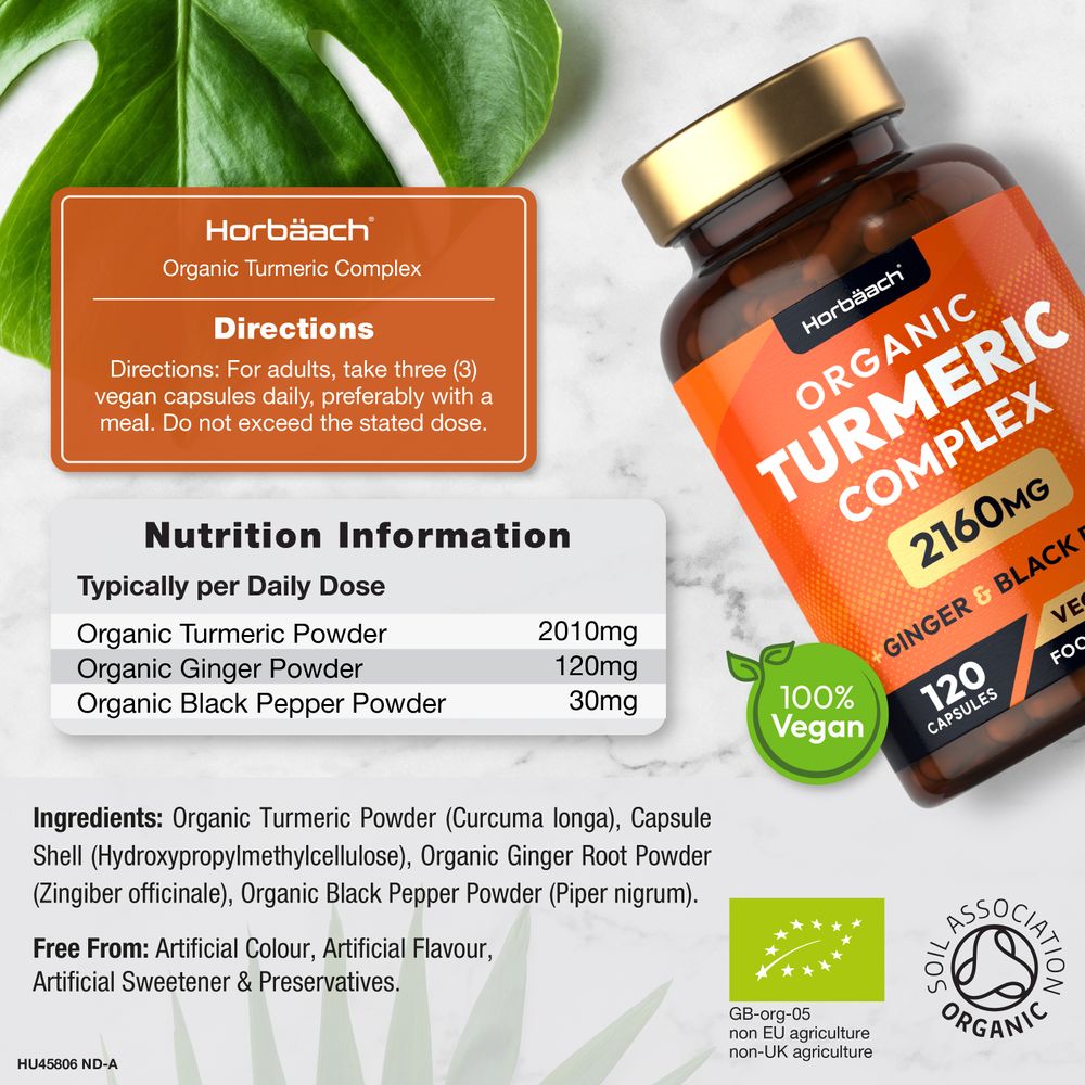Container of Organic Turmeric Complex 2160mg, containing 120 vegan capsules, shown on a hand for scale.