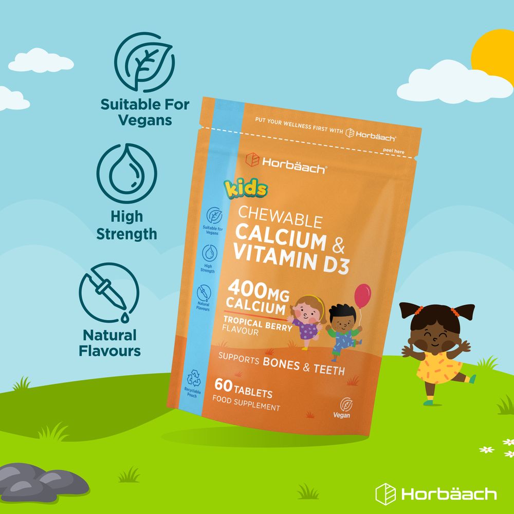 Chewable Calcium & Vitamin D3 Tablets for kids, 60 count, each with 400mg of calcium.