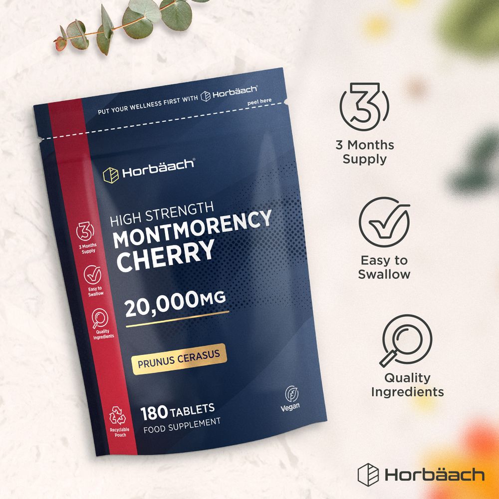 Montmorency Cherry 20,000MG, 180 Tablets. 3-Month Supply, Easy to Swallow, Quality Ingredients, Vegan, Recyclable Pouch.