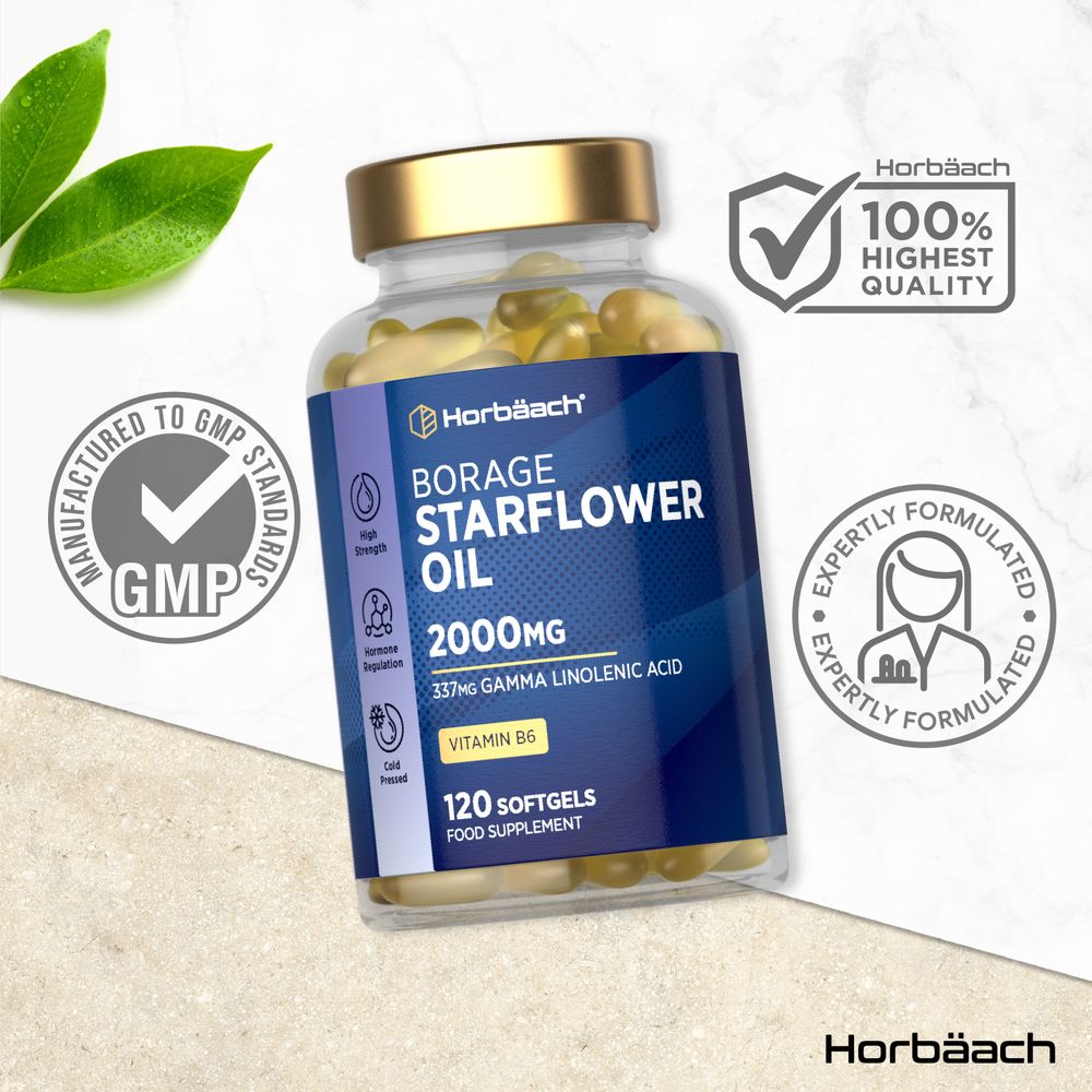 A hand holding a bottle of Borage Starflower Oil 2000mg with 120 softgels displayed on a scale.