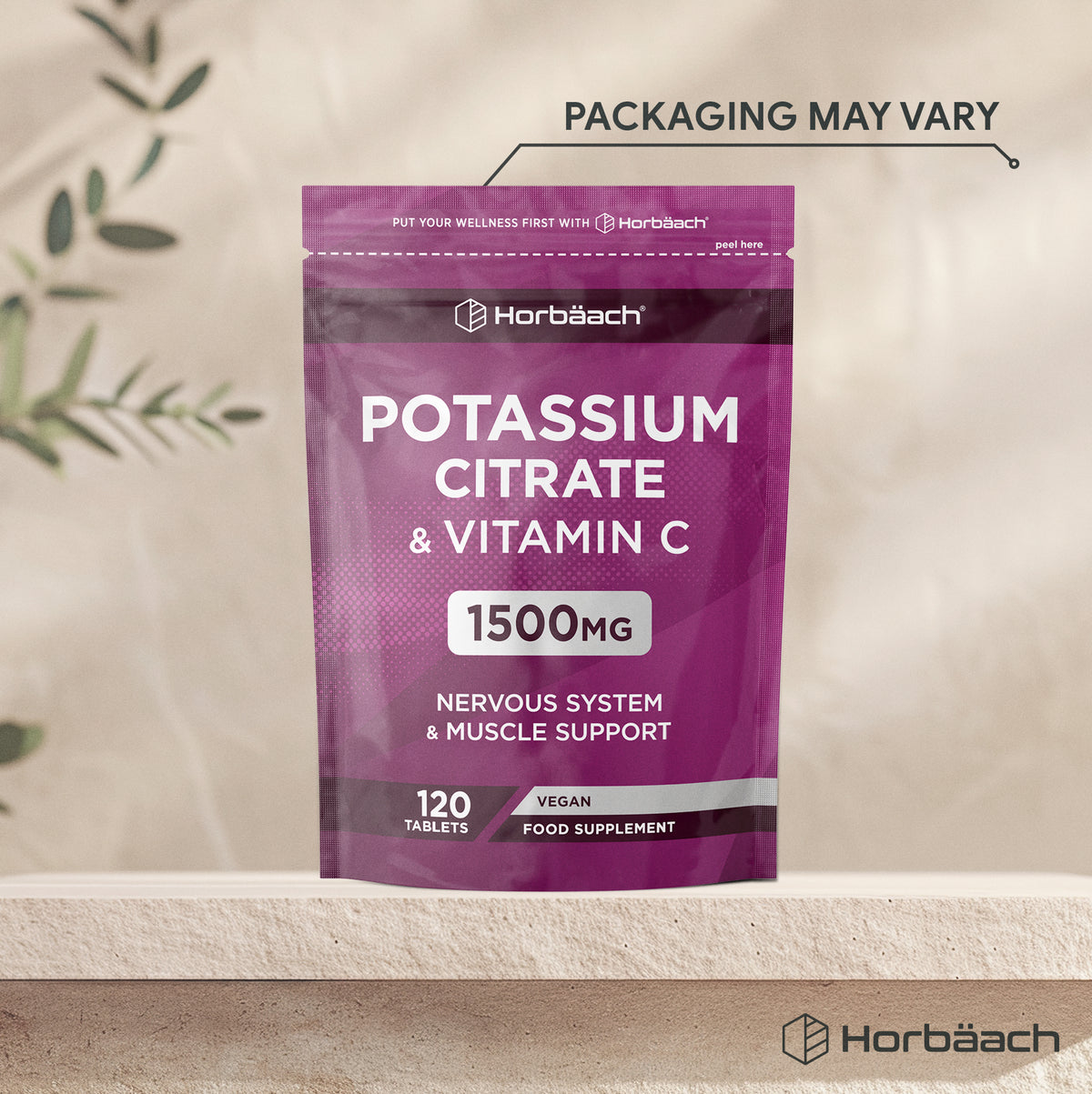 Horbäach Potassium Citrate & Vitamin C, 1500mg, 120 Vegan Tablets for nervous system and muscle support, food supplement.