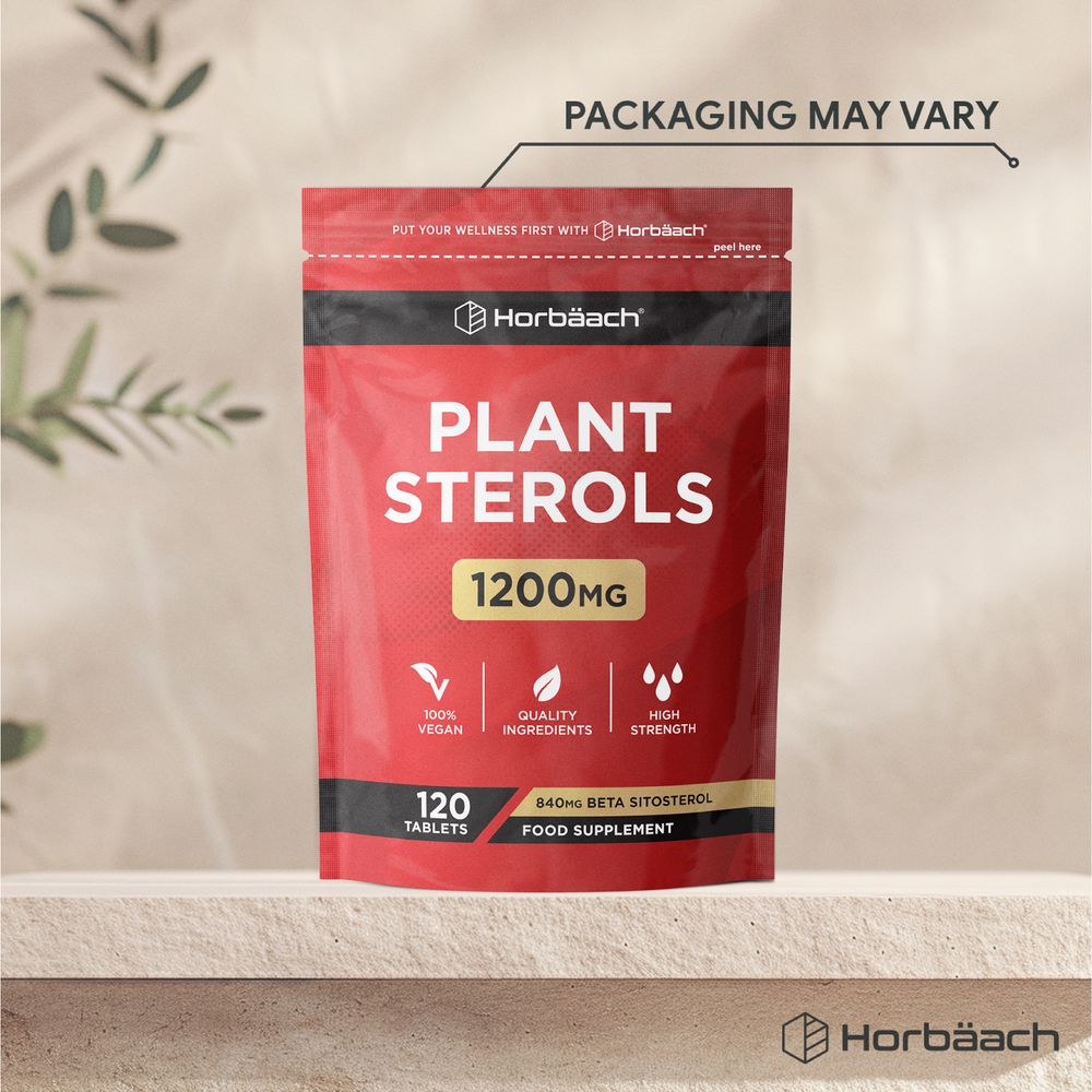 Hand holding a pouch of Plant Sterols 1200mg with 120 tablets and 840mg Beta Sitosterol displayed.