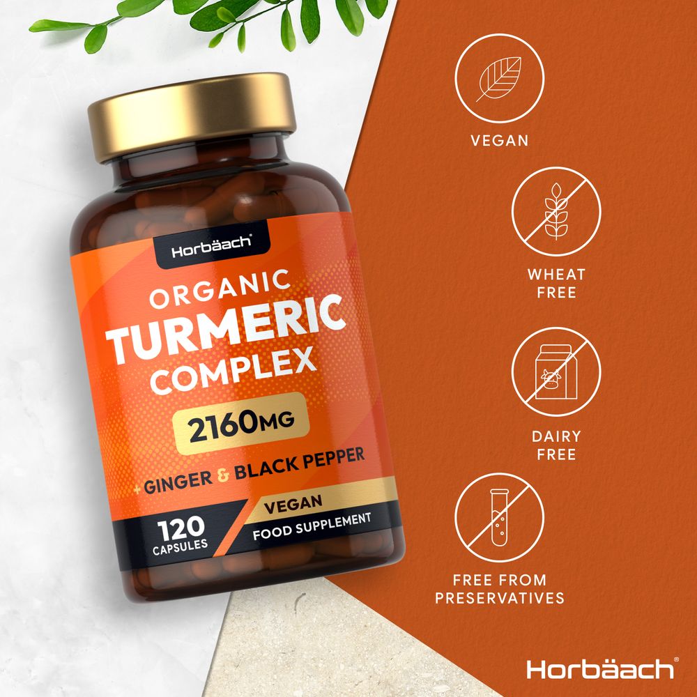 A bottle of Turmeric Complex labeled as vegan, wheat free, dairy free, and free from preservatives.
